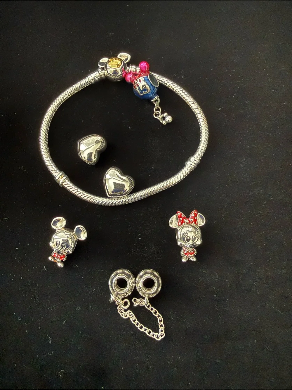 Pandora Disney Mickey Minnie Charm Bracelet Hearts Safety Chain 6.25”